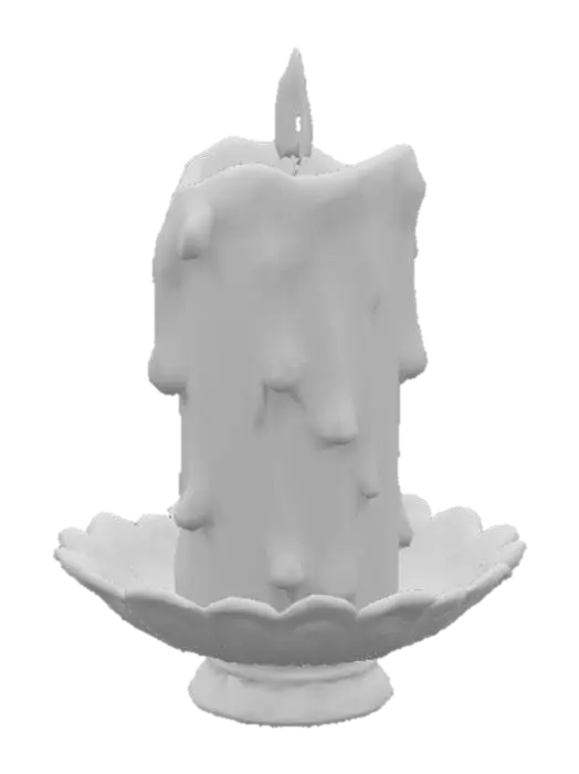 3D model for Create an ultra-realistic, highly detailed 3D model of a red wax candle, partially melted, with realistic drips and irregular textures running down its sides. The candle should be lit, with a warm, soft flame emitting a gentle glow that illuminates the surrounding wax and subtly reflects on nearby surfaces. Place the candle in an ornate metal candle holder, aged and slightly tarnished, with intricate decorative details. Ensure realistic lighting, shadows, and reflections to enhance depth and authenticity, giving the scene a rich, atmospheric, and lifelike quality.
