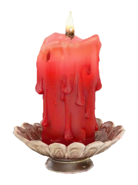 3D model for Create an ultra-realistic, highly detailed 3D model of a red wax candle, partially melted, with realistic drips and irregular textures running down its sides. The candle should be lit, with a warm, soft flame emitting a gentle glow that illuminates the surrounding wax and subtly reflects on nearby surfaces. Place the candle in an ornate metal candle holder, aged and slightly tarnished, with intricate decorative details. Ensure realistic lighting, shadows, and reflections to enhance depth and authenticity, giving the scene a rich, atmospheric, and lifelike quality.
