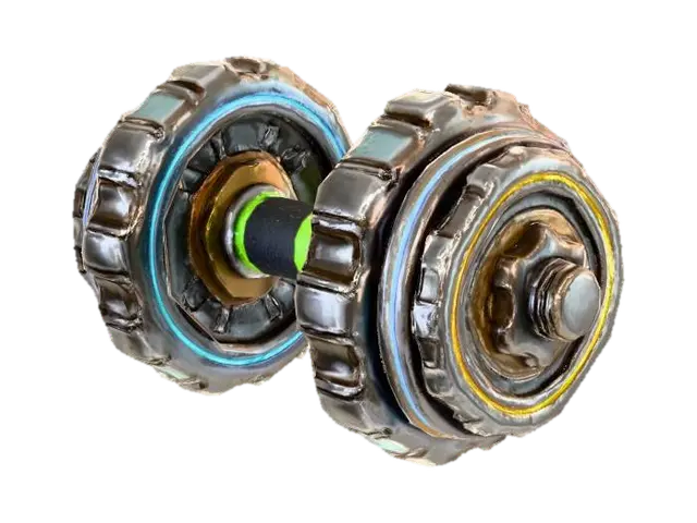 Stylized 3D game prop. A single massive “titan” dumbbell with very thick, oversized… - Weight 3D model, vytvořený pomocí AI