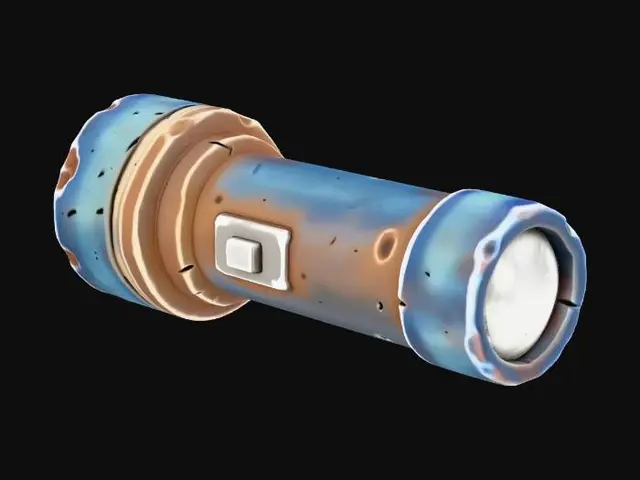 3D model for Stylized 3D game prop. A single small pocket flashlight on a pure white background. Cylindrical body with a textured grip, a simple on/off button on the side, and a dull front lens that looks cloudy or dirty. The metal or plastic casing shows scuffs and small dents, giving the impression that it no longer works reliably. Soft studio lighting, clean readable silhouette, muted saturated colors, subtle metallic highlights.