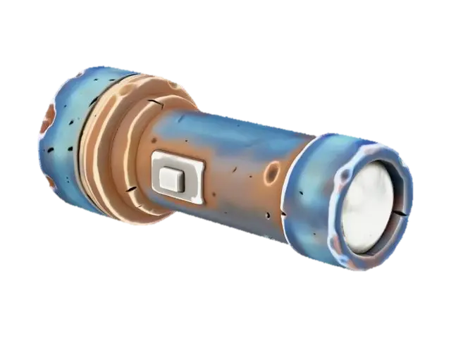 3D model for Stylized 3D game prop. A single small pocket flashlight on a pure white background. Cylindrical body with a textured grip, a simple on/off button on the side, and a dull front lens that looks cloudy or dirty. The metal or plastic casing shows scuffs and small dents, giving the impression that it no longer works reliably. Soft studio lighting, clean readable silhouette, muted saturated colors, subtle metallic highlights.