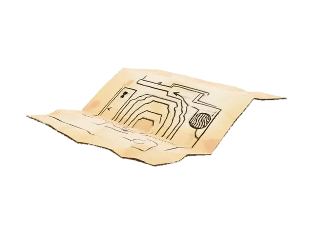 3D model for Stylized 3D game prop. A single folded, slightly yellowed sheet of paper on a pure white background, partially opened to reveal a simple schematic map of a prison area: rectangles and corridors drawn with dark lines, arrows and basic symbols. No readable labels, only abstract shapes and blocks that suggest a layout. The paper has light creases and subtle stains. Soft studio lighting, clean readable silhouette, muted colors.