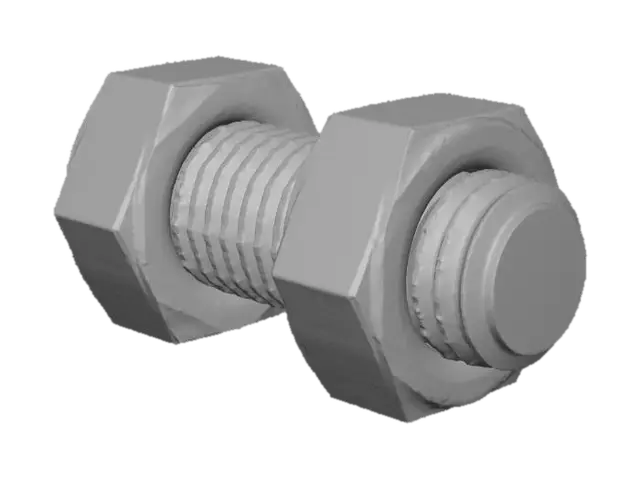 3D model for Stylized 3D game prop. A single rusty bolt with a matching nut on a pure white background, loosely screwed on. The metal surfaces are heavily corroded with textured rust, but the basic bolt and hex nut shapes are still clear. Muted brown-orange rust tones with a few dark metal spots visible underneath. Soft studio lighting, clean readable silhouette.