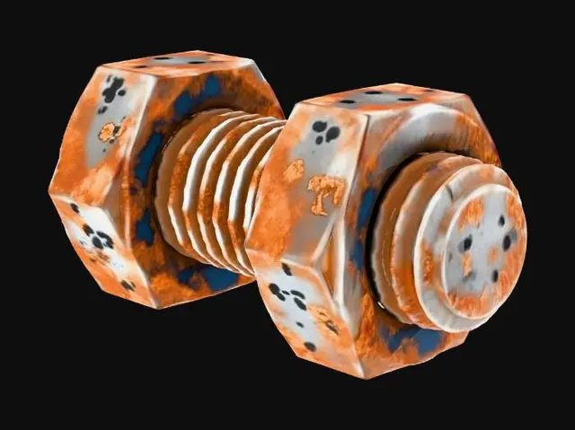 3D model for Stylized 3D game prop. A single rusty bolt with a matching nut on a pure white background, loosely screwed on. The metal surfaces are heavily corroded with textured rust, but the basic bolt and hex nut shapes are still clear. Muted brown-orange rust tones with a few dark metal spots visible underneath. Soft studio lighting, clean readable silhouette.
