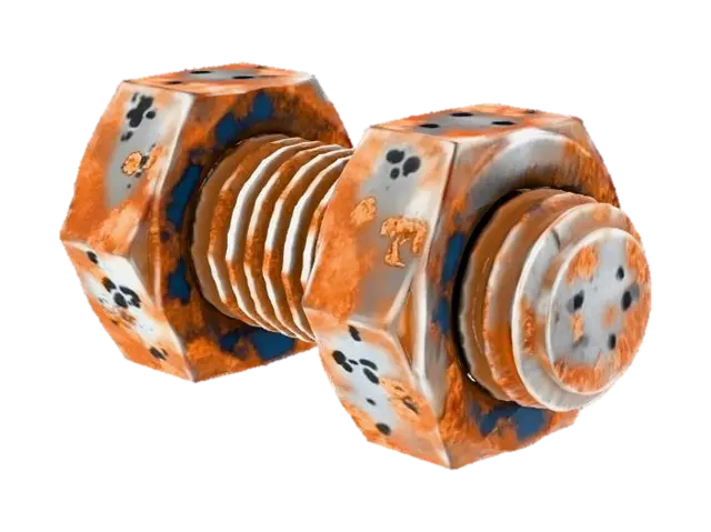 3D model for Stylized 3D game prop. A single rusty bolt with a matching nut on a pure white background, loosely screwed on. The metal surfaces are heavily corroded with textured rust, but the basic bolt and hex nut shapes are still clear. Muted brown-orange rust tones with a few dark metal spots visible underneath. Soft studio lighting, clean readable silhouette.