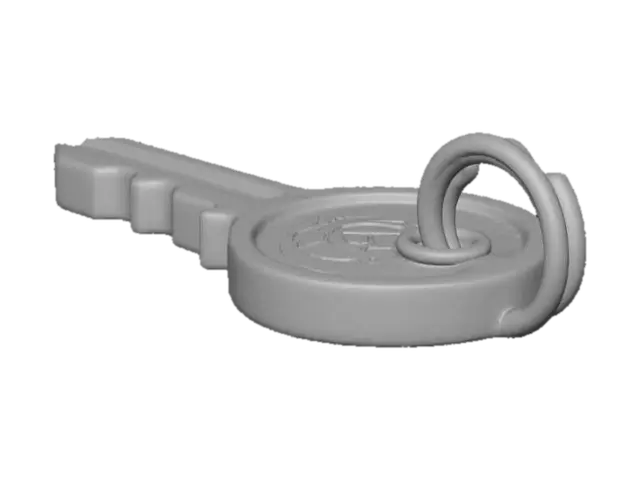3D model for Stylized 3D game prop. A small key-shaped pendant keychain on a pure white background. The key is stylized, not matching any real lock, with a simple cut-out design and a small ring at the top. The metal is slightly worn with bright edges and a small engraved symbol or abstract mark on the head. Soft studio lighting, clean readable silhouette, warm metallic highlights.
