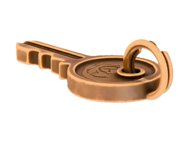 3D model for Stylized 3D game prop. A small key-shaped pendant keychain on a pure white background. The key is stylized, not matching any real lock, with a simple cut-out design and a small ring at the top. The metal is slightly worn with bright edges and a small engraved symbol or abstract mark on the head. Soft studio lighting, clean readable silhouette, warm metallic highlights.