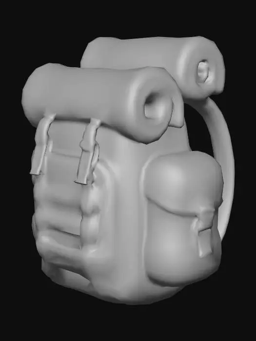 3D model for Stylized 3D game prop. A high-capacity “tunnel runner” backpack with a roll-top closure: the top part of the bag rolls down and is secured with two bright strap buckles. Large cylindrical side pockets suggest extra storage for loot, and a rolled bundle (blanket or bag) is strapped on top. The front panel features vertical webbing straps in a MOLLE-like style, giving a technical, upgraded look. The base color is a deep saturated tone (forest green, dark blue or maroon) with neon-like accent straps and buckles. The silhouette is tall and heroic, clearly the final, most advanced inventory bag. Saturated colors, bright metallic and fabric highlights, isolated on pure white background, soft studio lighting, clean readable shapes.
