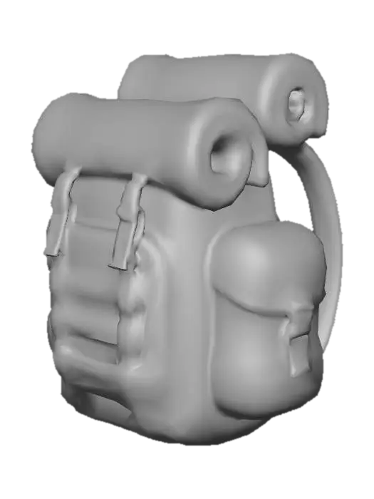 3D model for Stylized 3D game prop. A high-capacity “tunnel runner” backpack with a roll-top closure: the top part of the bag rolls down and is secured with two bright strap buckles. Large cylindrical side pockets suggest extra storage for loot, and a rolled bundle (blanket or bag) is strapped on top. The front panel features vertical webbing straps in a MOLLE-like style, giving a technical, upgraded look. The base color is a deep saturated tone (forest green, dark blue or maroon) with neon-like accent straps and buckles. The silhouette is tall and heroic, clearly the final, most advanced inventory bag. Saturated colors, bright metallic and fabric highlights, isolated on pure white background, soft studio lighting, clean readable shapes.