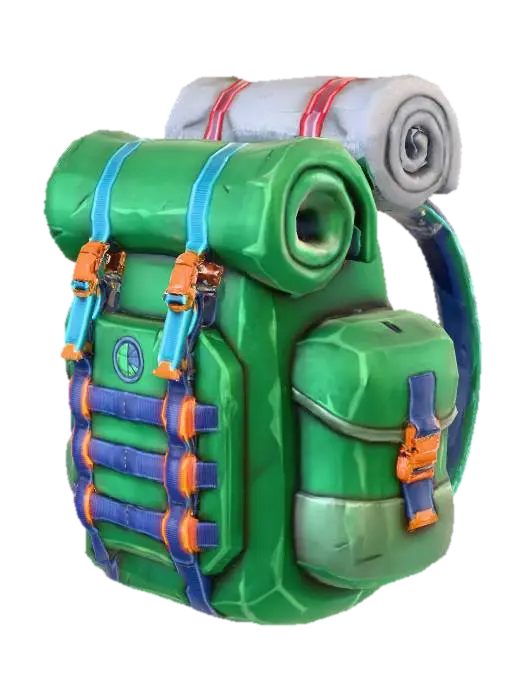 3D model for Stylized 3D game prop. A high-capacity “tunnel runner” backpack with a roll-top closure: the top part of the bag rolls down and is secured with two bright strap buckles. Large cylindrical side pockets suggest extra storage for loot, and a rolled bundle (blanket or bag) is strapped on top. The front panel features vertical webbing straps in a MOLLE-like style, giving a technical, upgraded look. The base color is a deep saturated tone (forest green, dark blue or maroon) with neon-like accent straps and buckles. The silhouette is tall and heroic, clearly the final, most advanced inventory bag. Saturated colors, bright metallic and fabric highlights, isolated on pure white background, soft studio lighting, clean readable shapes.