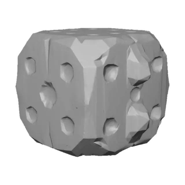 3D model for Stylized 3D game prop. A single handmade dice on a pure white background. Slightly irregular cube carved from wood or plastic, with uneven hand-drawn pips or shallow carved dots on the faces. Some sides are a bit chipped and the paint on the pips is slightly smudged. Soft studio lighting, clean readable silhouette, muted but saturated colors.