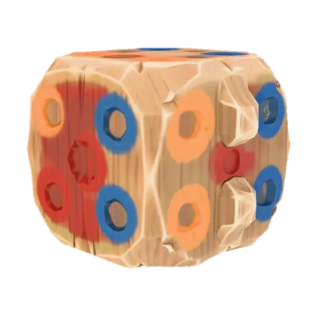 3D model for Stylized 3D game prop. A single handmade dice on a pure white background. Slightly irregular cube carved from wood or plastic, with uneven hand-drawn pips or shallow carved dots on the faces. Some sides are a bit chipped and the paint on the pips is slightly smudged. Soft studio lighting, clean readable silhouette, muted but saturated colors.