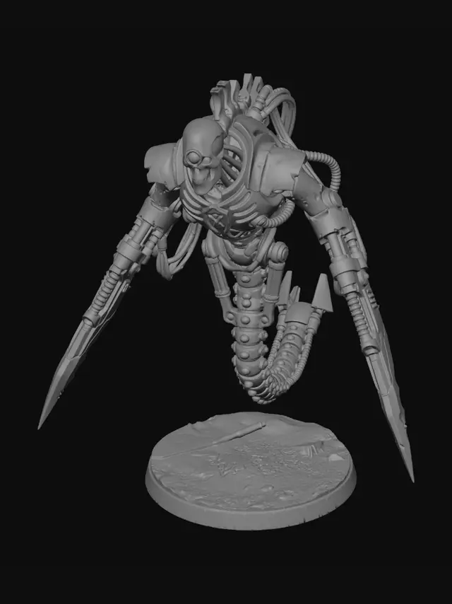 3D model for Tabletop miniature style, 32mm heroic scale heroic sci-fi robotic wraith, space undead cybernetic assassin. Grimdark gothic aesthetic. Floating hovering pose. Segmented cybernetic spine trailing downwards, robotic skeleton upper torso, death mask face with single glowing lens eye. Forearms replaced with long sharp scythe-like hyperphase blades. Intricate exposed cables and hydraulic tubes on the back and joints. Solid shapes, thick exaggerated details for resin 3D printing, closed watertight mesh, no floating geometry, manifold, stand-alone miniature.