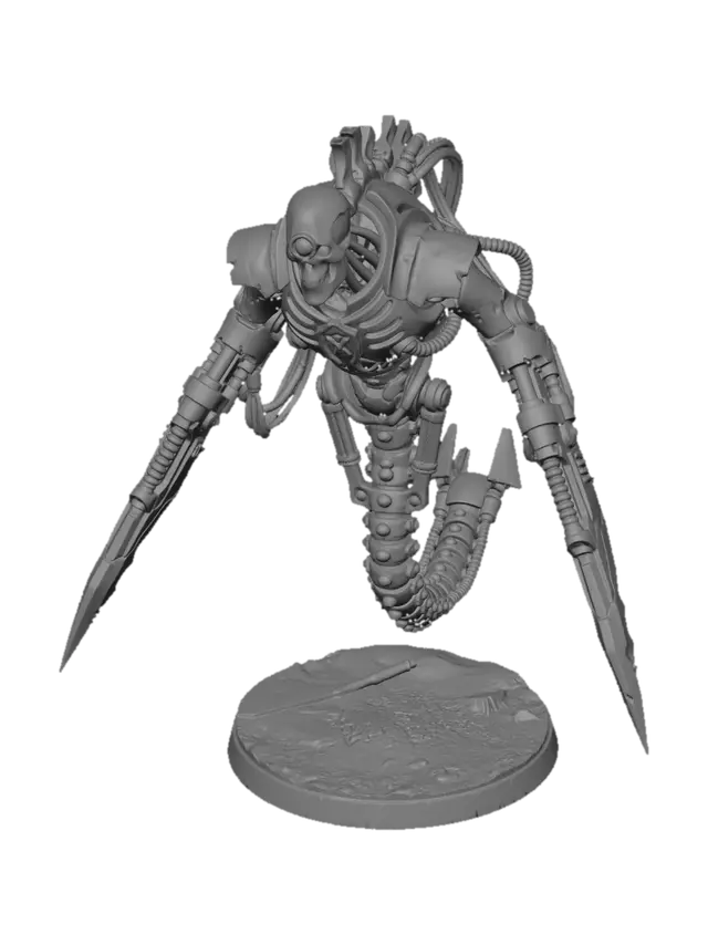3D model for Tabletop miniature style, 32mm heroic scale heroic sci-fi robotic wraith, space undead cybernetic assassin. Grimdark gothic aesthetic. Floating hovering pose. Segmented cybernetic spine trailing downwards, robotic skeleton upper torso, death mask face with single glowing lens eye. Forearms replaced with long sharp scythe-like hyperphase blades. Intricate exposed cables and hydraulic tubes on the back and joints. Solid shapes, thick exaggerated details for resin 3D printing, closed watertight mesh, no floating geometry, manifold, stand-alone miniature.