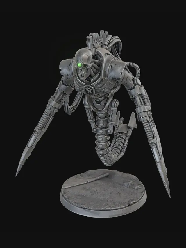 3D model for Tabletop miniature style, 32mm heroic scale heroic sci-fi robotic wraith, space undead cybernetic assassin. Grimdark gothic aesthetic. Floating hovering pose. Segmented cybernetic spine trailing downwards, robotic skeleton upper torso, death mask face with single glowing lens eye. Forearms replaced with long sharp scythe-like hyperphase blades. Intricate exposed cables and hydraulic tubes on the back and joints. Solid shapes, thick exaggerated details for resin 3D printing, closed watertight mesh, no floating geometry, manifold, stand-alone miniature.