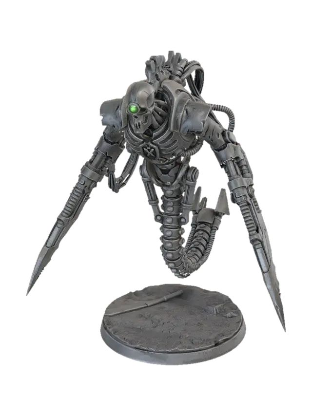 3D model for Tabletop miniature style, 32mm heroic scale heroic sci-fi robotic wraith, space undead cybernetic assassin. Grimdark gothic aesthetic. Floating hovering pose. Segmented cybernetic spine trailing downwards, robotic skeleton upper torso, death mask face with single glowing lens eye. Forearms replaced with long sharp scythe-like hyperphase blades. Intricate exposed cables and hydraulic tubes on the back and joints. Solid shapes, thick exaggerated details for resin 3D printing, closed watertight mesh, no floating geometry, manifold, stand-alone miniature.