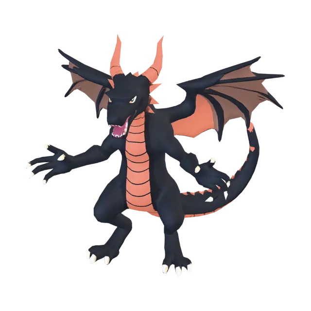 3D model for A stylized Western dragon, vector illustration art style, dark charcoal gray and coral orange color scheme, clean flat gradients, wings fully open in symmetrical A-pose, mouth open showing sharp teeth, smooth geometry, low poly count, optimized for WebGL animation, isolated on black background, game-ready asset, no fire particles
