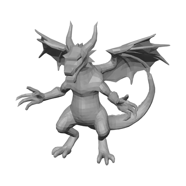 3D model for A stylized Western dragon, vector illustration art style, dark charcoal gray and coral orange color scheme, clean flat gradients, wings fully open in symmetrical A-pose, mouth open showing sharp teeth, smooth geometry, low poly count, optimized for WebGL animation, isolated on black background, game-ready asset, no fire particles