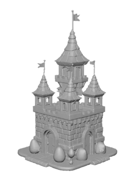3D model for isometric view of a stylized fantasy town hall, strategy game building asset, stone and wood materials, oversized roof tiles, cozy warm lighting, blue flags, Clash Royale style, exaggerated details, 3d render, asset for mobile game, white background, high quality