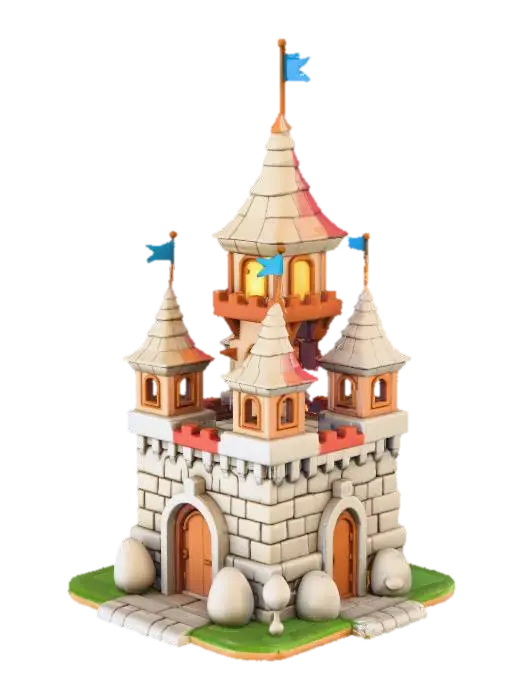 3D model for isometric view of a stylized fantasy town hall, strategy game building asset, stone and wood materials, oversized roof tiles, cozy warm lighting, blue flags, Clash Royale style, exaggerated details, 3d render, asset for mobile game, white background, high quality