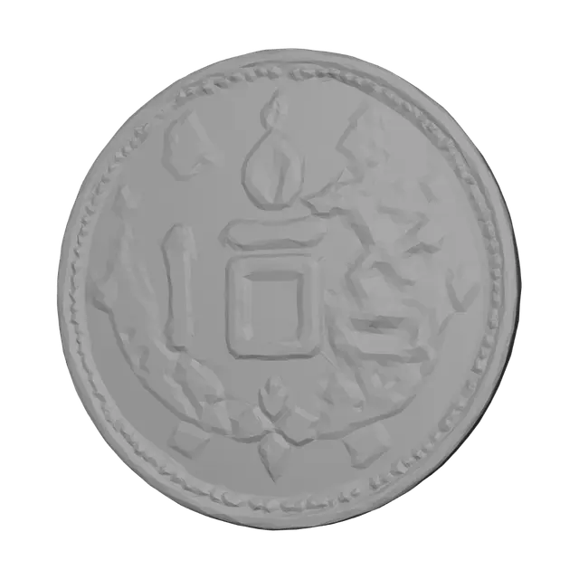 3D model for Create a precision hard-surface 3D model that exactly matches the reference coin. Preserve all proportions, lettering, borders, symbols, and relief heights without reinterpretation. Generate a single watertight manifold mesh, 30 mm diameter and 3.2 mm thick, with a raised rim, recessed field, centered bottom notch, and crisp bas-relief engraving. Preserve the flame, numeral, dragon, eight-point star, ornaments, and text exactly as shown. Do not add scratches, cracks, hammered texture, bevels, patina, surface noise, or artistic details. Prioritize clean printable geometry, sharp edges, symmetry, and dimensional accuracy for FDM printing.