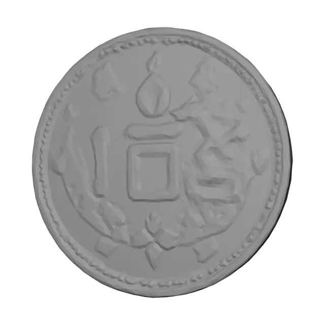 3D model for Create a precision hard-surface 3D model that exactly matches the reference coin. Preserve all proportions, lettering, borders, symbols, and relief heights without reinterpretation. Generate a single watertight manifold mesh, 30 mm diameter and 3.2 mm thick, with a raised rim, recessed field, centered bottom notch, and crisp bas-relief engraving. Preserve the flame, numeral, dragon, eight-point star, ornaments, and text exactly as shown. Do not add scratches, cracks, hammered texture, bevels, patina, surface noise, or artistic details. Prioritize clean printable geometry, sharp edges, symmetry, and dimensional accuracy for FDM printing.