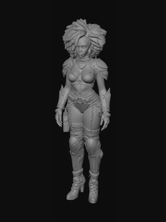 3D model for beautiful curvy cyber punk female with intense outfit with  hair styled in afro