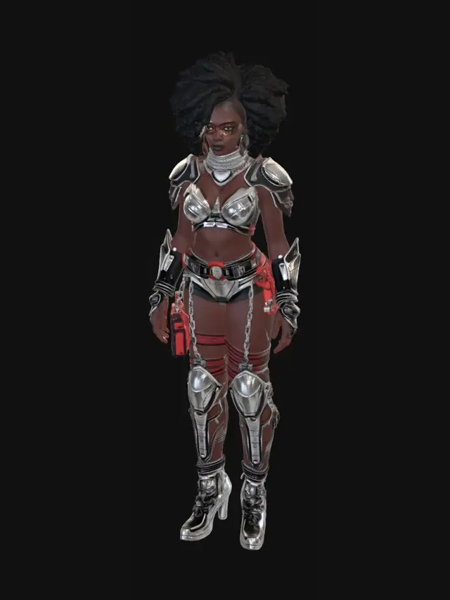 3D model for beautiful curvy cyber punk female with intense outfit with  hair styled in afro