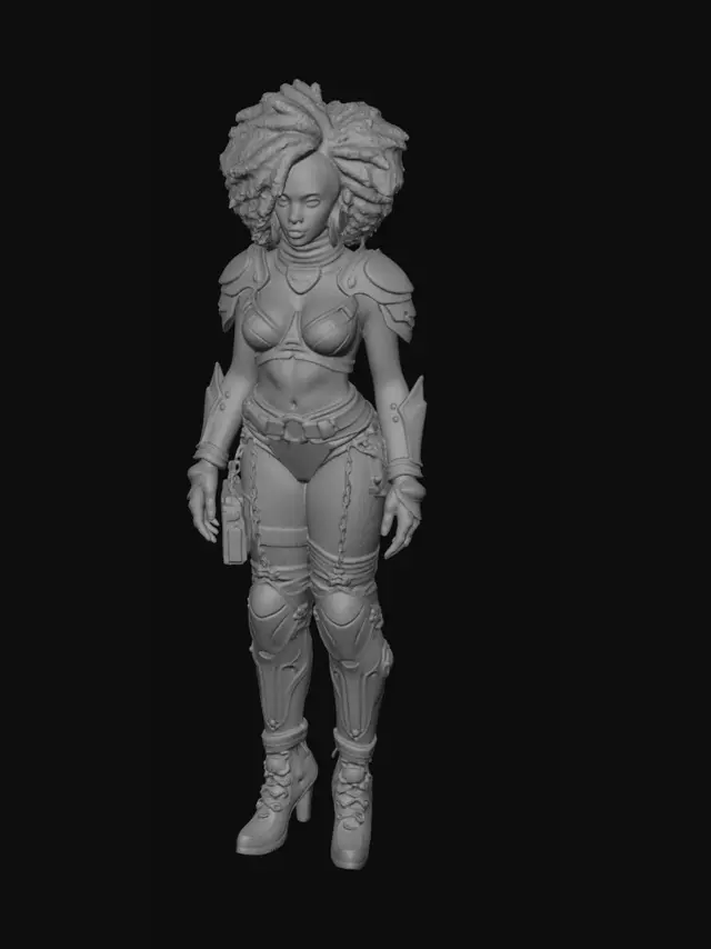 3D model for beautiful curvy cyber punk female with intense outfit with  hair styled in afro