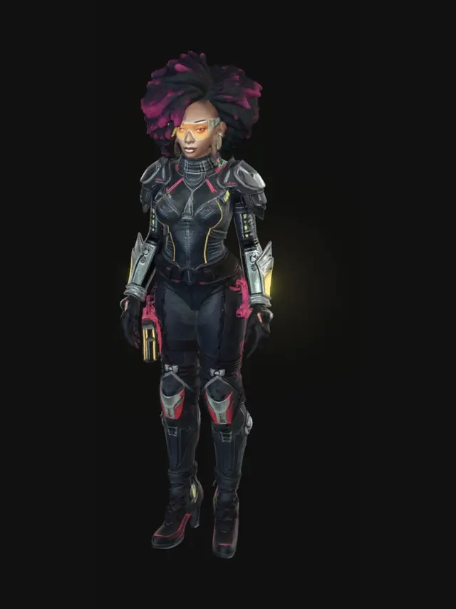 3D model for beautiful curvy cyber punk female with intense outfit with  hair styled in afro