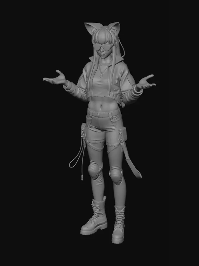 3D model for beautiful cyber punk female hacker with cat ears and blue hair with intense outfit hair styled in pig tales wearing tek wear