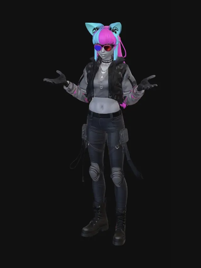 3D model for beautiful cyber punk female hacker with cat ears and blue hair with intense outfit hair styled in pig tales wearing tek wear
