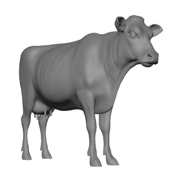 3D model for Realistic Holstein-Friesian dairy cow, standing naturally on all four legs. Accurate anatomy, realistic head, eyes, ears, nostrils, hooves, tail and udder. Replace black markings with 60–80 irregular patchwork panels separated by shallow engraved seams (1–2 mm wide, 0.5–1 mm deep) for easy painting. Organic patch shapes flowing with body contours, not a checkerboard. Bright patchwork palette: cadmium yellow, vermilion red, cobalt blue, emerald green, orange, magenta, purple, turquoise and white. Keep nose pale pink, eyes realistic dark brown, udder soft pink, hooves dark grey. Single watertight manifold mesh, printable as one piece, high-detail sculpt, smooth surfaces, FDM and resin friendly, museum-quality contemporary art sculpture. Avoid cartoon, toy, kawaii, low-poly, fantasy, exaggera