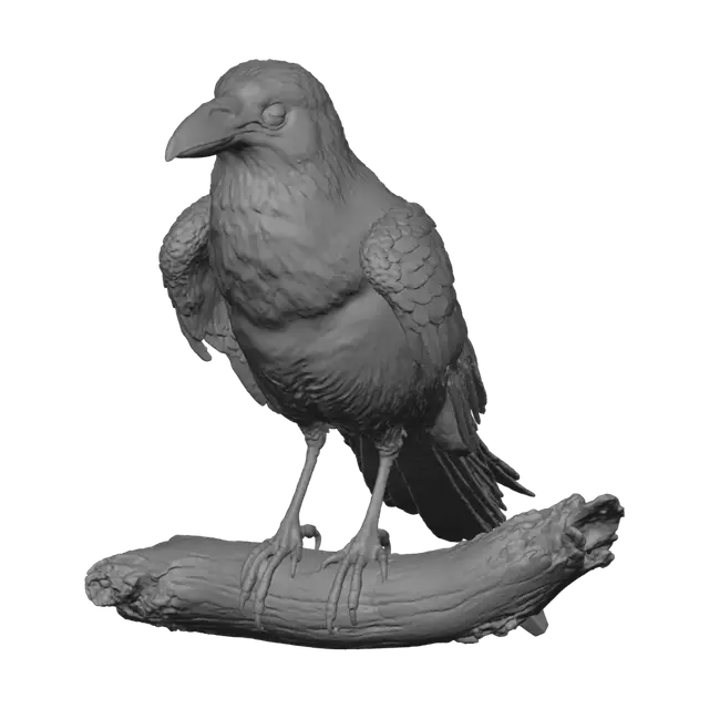 3D model for a black crow highly detailed for 3d printing standing on a branch with wings spread