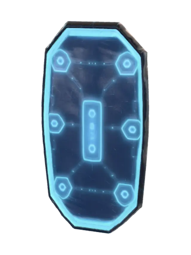 3D model for Create a game-ready low-poly futuristic energy shield as a single 3D asset. Shape: slightly curved vertical rectangle with rounded corners, 1.8m tall, 1.0m wide, 0.03m thick. Transparent blue holographic material with 75–90% opacity, cyan emissive glow, brighter glowing edges, and subtle Fresnel effect. Surface features a repeating hexagonal lattice (6–8cm cells), thin glowing outlines, transparent centers, faint energy flow lines, circuit patterns, and small glowing nodes. Clean topology (500–1500 triangles), single mesh, centered pivot, proper UVs, PBR textures (Base Color, Emissive, Opacity, Normal, Roughness). No characters, frame, environment, or scene elements.