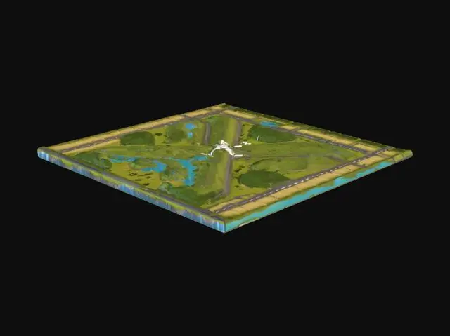 3D model for Make a 4096x4096 game map with a runway, hills and plains having vegetation and water body for aircraft simulator game