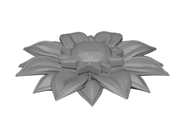 3D model for A star-shaped ornament with layeredwhite petals, gold edges, and a darkgemstone center.
