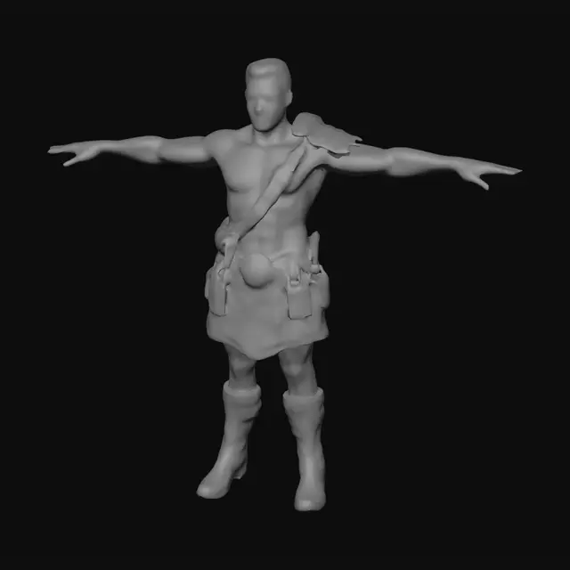 3D model for "A rugged post-apocalyptic eastern indian male survivor in a T-pose, arms out. detailed hands, Strong, battle-worn physique with scars and dirt. No capes, skirts,  loincloths, or long coats. Wears scavenged armor, torn fabrics, and reinforced gear for mobility. Sturdy boots, wrapped hands, and makeshift plating. Short or tied-back hair. No weapons. Dark, gritty, hyper-realistic style, emphasizing survival and brutal realism in a war-torn world."