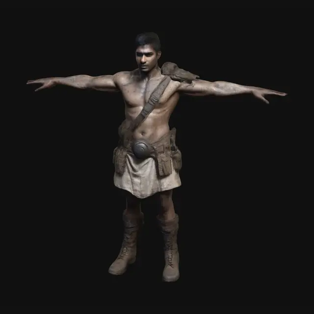3D model for "A rugged post-apocalyptic eastern indian male survivor in a T-pose, arms out. detailed hands, Strong, battle-worn physique with scars and dirt. No capes, skirts,  loincloths, or long coats. Wears scavenged armor, torn fabrics, and reinforced gear for mobility. Sturdy boots, wrapped hands, and makeshift plating. Short or tied-back hair. No weapons. Dark, gritty, hyper-realistic style, emphasizing survival and brutal realism in a war-torn world."