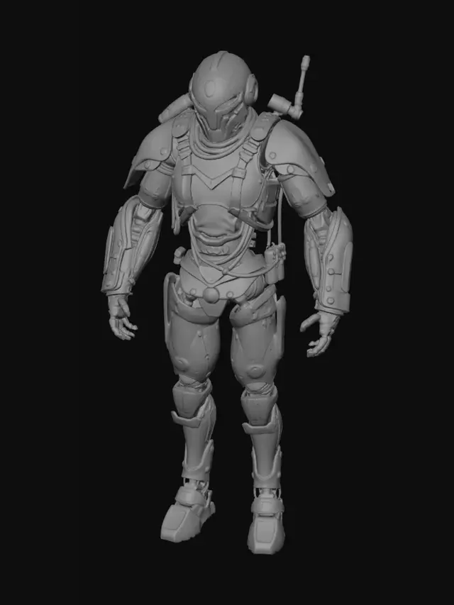 3D model for An Anthem-style hyper-realistic exoskeleton, deeply weathered with severe rust streaks and pitted metallic components in dark charcoal and tarnished bronze. The integrated canvas sections are taut, showcasing their waterproof texture with subtle creases, while accompanying dark brown leather straps exhibit deep cracks, scuffs, and faded patina from prolonged, arduous use. Its complex structure reveals intricate cabling and hydraulics beneath battle-scarred plating, reflecting a game-ready, high-detail finish.