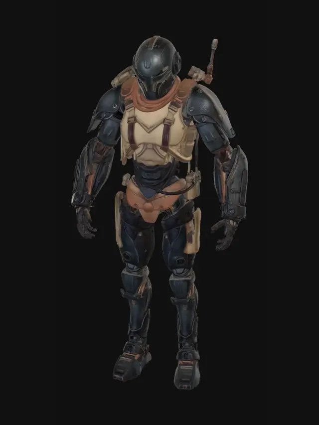3D model for An Anthem-style hyper-realistic exoskeleton, deeply weathered with severe rust streaks and pitted metallic components in dark charcoal and tarnished bronze. The integrated canvas sections are taut, showcasing their waterproof texture with subtle creases, while accompanying dark brown leather straps exhibit deep cracks, scuffs, and faded patina from prolonged, arduous use. Its complex structure reveals intricate cabling and hydraulics beneath battle-scarred plating, reflecting a game-ready, high-detail finish.