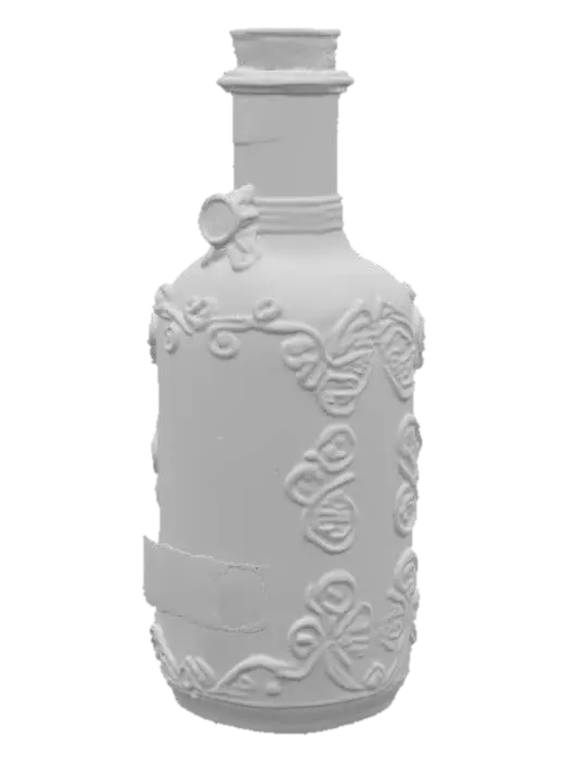 3D model for Ultra-realistic 3D model of a magical potion spell bottle inspired by the Harry Potter universe. Elegant, antique glass vial with intricate gold and silver filigree around the neck and base, sealed with a wax-stamped cork. Inside, a glowing swirling liquid shifts colors (emerald green to deep violet) with tiny sparkling particles floating and forming mysterious runes. The bottle emits a faint mist and occasional soft pulses of light as if enchanted. Labels are aged parchment with handwritten wizard symbols. Subtle animation: liquid gently sloshing, sparkles drifting, light pulsing in sync with magical hum. Cinematic lighting highlights glass reflections, metallic details, and magical aura; ideal for rigging or rendering.