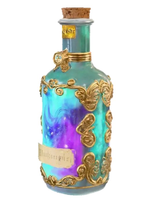 3D model for Ultra-realistic 3D model of a magical potion spell bottle inspired by the Harry Potter universe. Elegant, antique glass vial with intricate gold and silver filigree around the neck and base, sealed with a wax-stamped cork. Inside, a glowing swirling liquid shifts colors (emerald green to deep violet) with tiny sparkling particles floating and forming mysterious runes. The bottle emits a faint mist and occasional soft pulses of light as if enchanted. Labels are aged parchment with handwritten wizard symbols. Subtle animation: liquid gently sloshing, sparkles drifting, light pulsing in sync with magical hum. Cinematic lighting highlights glass reflections, metallic details, and magical aura; ideal for rigging or rendering.