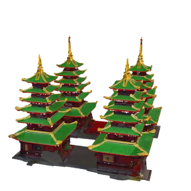 Buddhist temples with multi-tier pagodas (collapse stack-by-stack) for the kaiju… 3D model, vytvořený pomocí AI