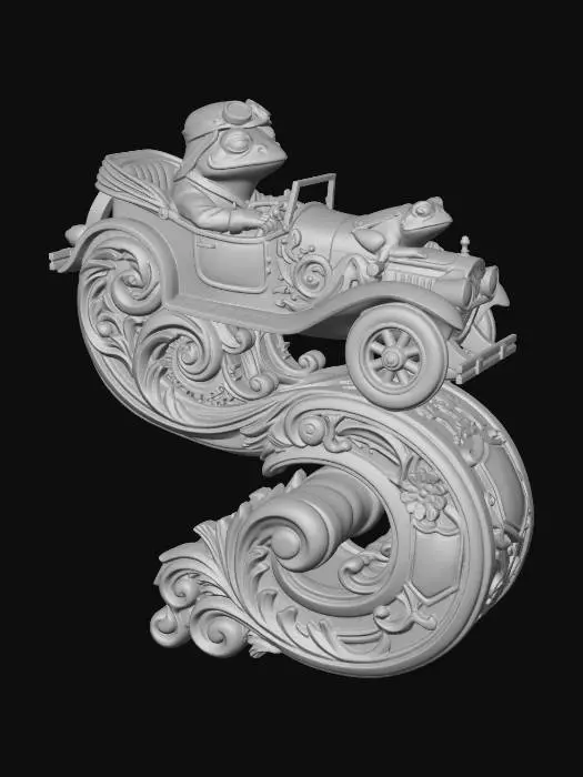 3D model for yper-realistic wooden carved Rococo–Art Nouveau statue of an anthropomorphic frog driving an early 20th-century car.
The car body expands and twists into a large S-shaped console structure. Mechanical parts transform into ornamental scrollwork and layered cartouches. The frog merges seamlessly into the front mass of the pillar.. Material: polished hardwood. Polychrome:deep colouful rich tones