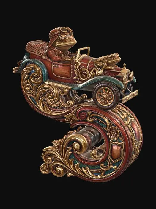 3D model for yper-realistic wooden carved Rococo–Art Nouveau statue of an anthropomorphic frog driving an early 20th-century car.
The car body expands and twists into a large S-shaped console structure. Mechanical parts transform into ornamental scrollwork and layered cartouches. The frog merges seamlessly into the front mass of the pillar.. Material: polished hardwood. Polychrome:deep colouful rich tones