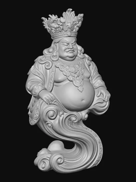 3D model for Hyper-realistic wooden carved Rococo–Art Nouveau statue of a seated ogre king with ornate crown and heavy jewelry.
His large belly and posture form a rounded central mass transitioning into a sweeping S-shaped pillar. Clothing folds transform into layered scrollwork. Jewelry becomes carved ornamental medallions and volutes. Material: polished hardwood. Polychrome:deep colouful rich tones