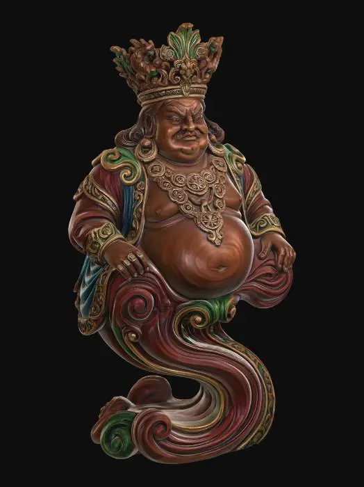 3D model for Hyper-realistic wooden carved Rococo–Art Nouveau statue of a seated ogre king with ornate crown and heavy jewelry.
His large belly and posture form a rounded central mass transitioning into a sweeping S-shaped pillar. Clothing folds transform into layered scrollwork. Jewelry becomes carved ornamental medallions and volutes. Material: polished hardwood. Polychrome:deep colouful rich tones