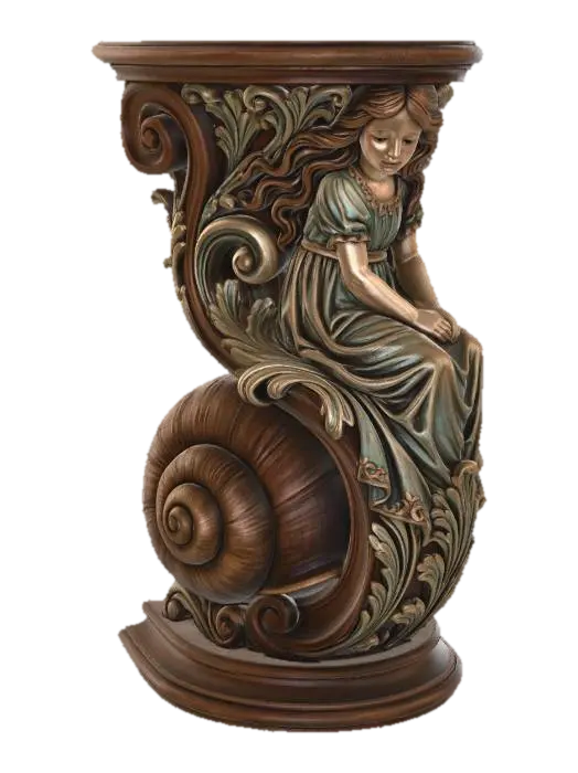 Modelo 3D de Hyper-realistic wooden carved Rococo–Art Nouveau statue of a melancholic young girl…, gerado por IA