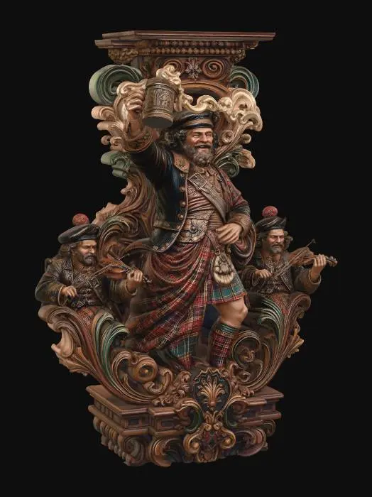 3D model for Hyper-realistic wooden carved Rococo–Art Nouveau sculptural composition of a jovial highlander figure raising a mug, accompanied by two small violinists at his sides.
The central figure forms a dominant S-curve that anchors the structure into a monumental console-pillar. Kilt folds expand into layered rocaille scrollwork and tartan-inspired carved patterns.
Foam from the mug morphs into swirling ornamental volutes. The two musicians integrate into symmetrical side-scrolls, their instruments dissolving into decorative filigree. Material: polished hardwood. Polychrome:deep colouful rich tones